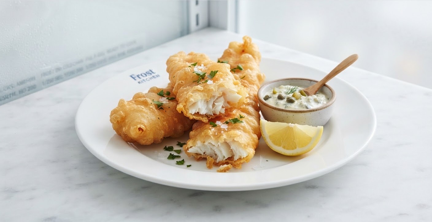 Battered Fish Fillets — Premium white fish coated in a light tempura-style batter.