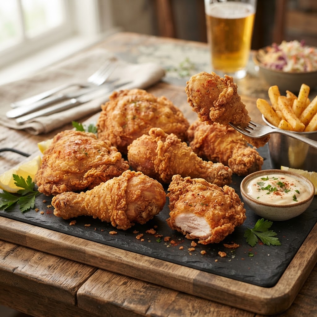 Crispy Broast Chicken 1kg — Crunchy Southern-style breaded chicken portions.